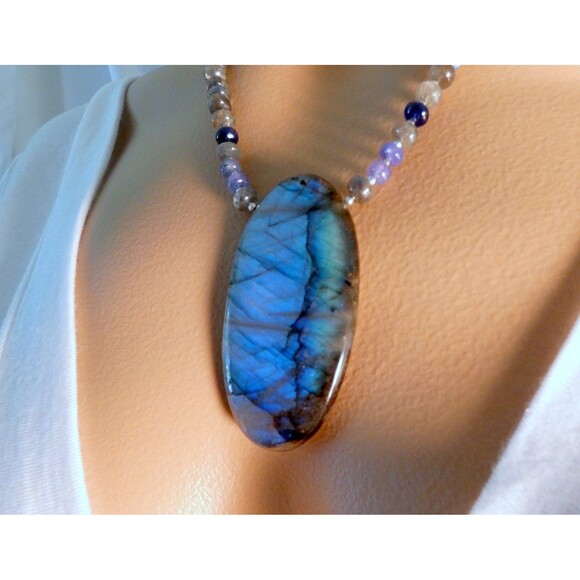 Spectrolite Labradorite Sapphire Tanzanite Sterling Silver Pendant Necklace - Picture 6 of 7